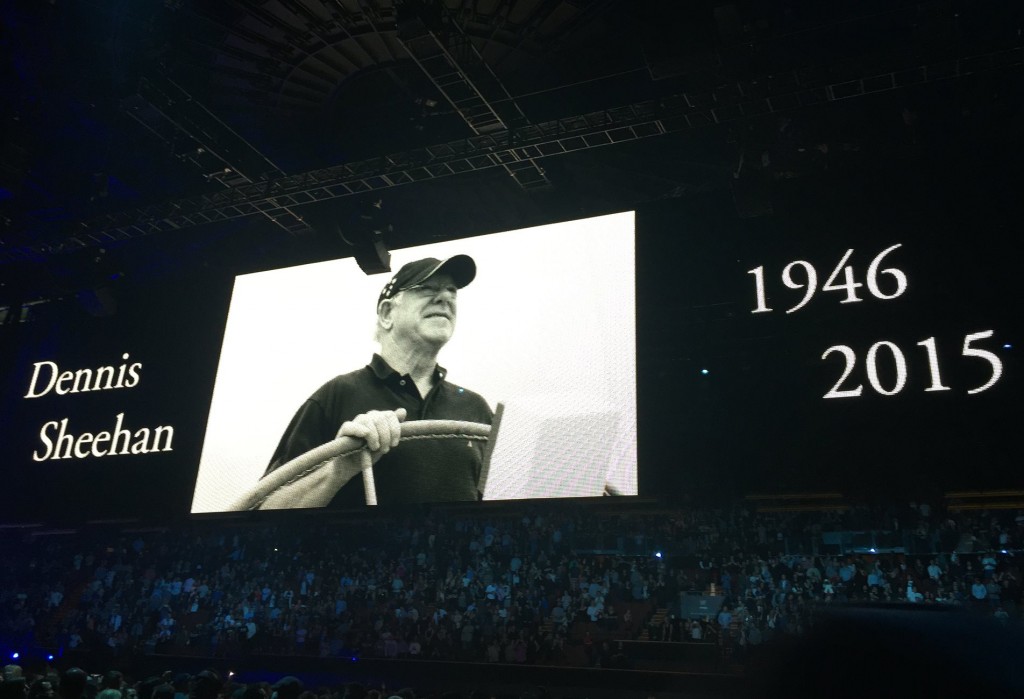 A tribute to U2's longtime tour manager, Dennis Sheehan, who had died earlier in the day appears at the end of the band's concert at The Forum arena in Los Angeles on May 27. Photo by Cathleen Falsani for Religion Dispatches. 