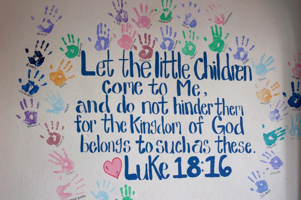 An inscription on the wall of the children's chapel room at Mendies Haven, the orphanage outside Kathmandu run by the Mendies family for 60 years. Photo by Cathleen Falsani