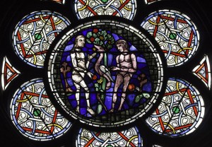 Stained glass portrayal of Adam and Eve and the Fall. Photo by Lawrence OP via https://www.flickr.com/photos/paullew/