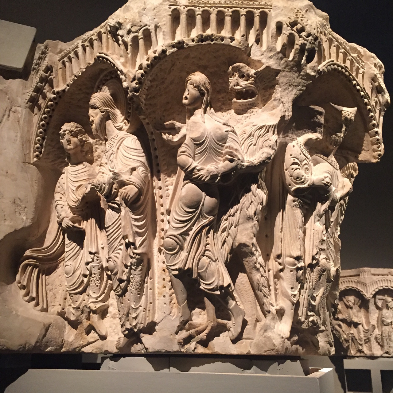 A limestone capital from the 1170s depicting the story of St. James. Demons bind the sorcerer whom James will convert to Christianity.