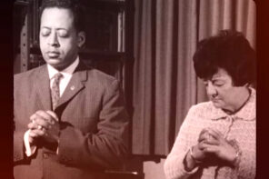 Black and white image of Betty and Barney Hill side by side with hands clasped.