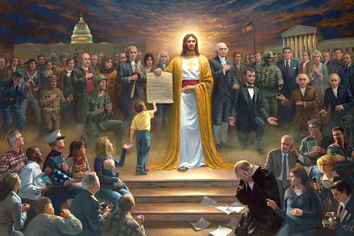 Painting of Jesus holding the US Constitution surrounded by Americans throughout its history.