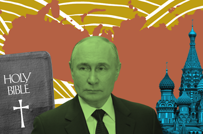 A collage of a Bible, Valdimir Putin, and the Kremlin and an outline of Russia