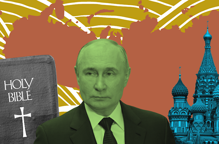 A collage of a Bible, Valdimir Putin, and the Kremlin and an outline of Russia