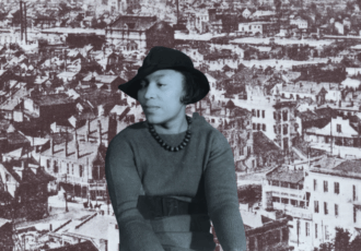 Zora Neale Hurston portrait overlayed on Storyville illustration