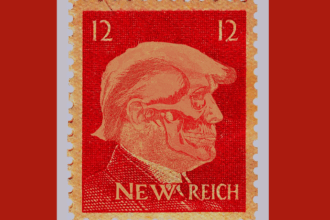 red stamp with Trump skeleton face reads “new reich"