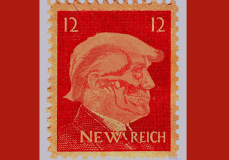 red stamp with Trump skeleton face reads “new reich"