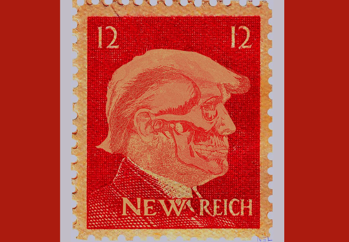 red stamp with Trump skeleton face reads “new reich"