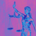 blind justice statue in trans flag colors